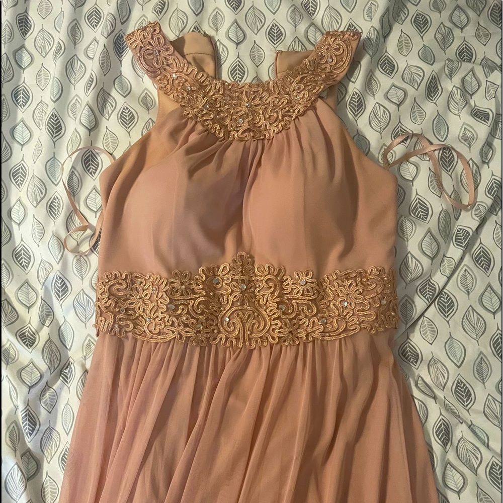 Size 10 baby pink floor length prom dress with beaded detailing